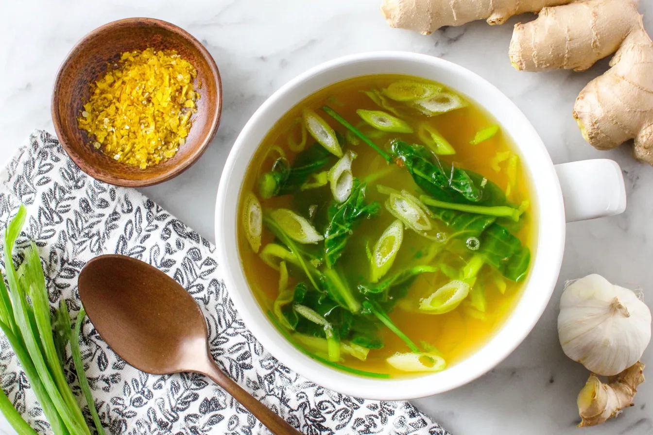 10 Minute Immune Boosting Broth served in a mug with ginger and garlic