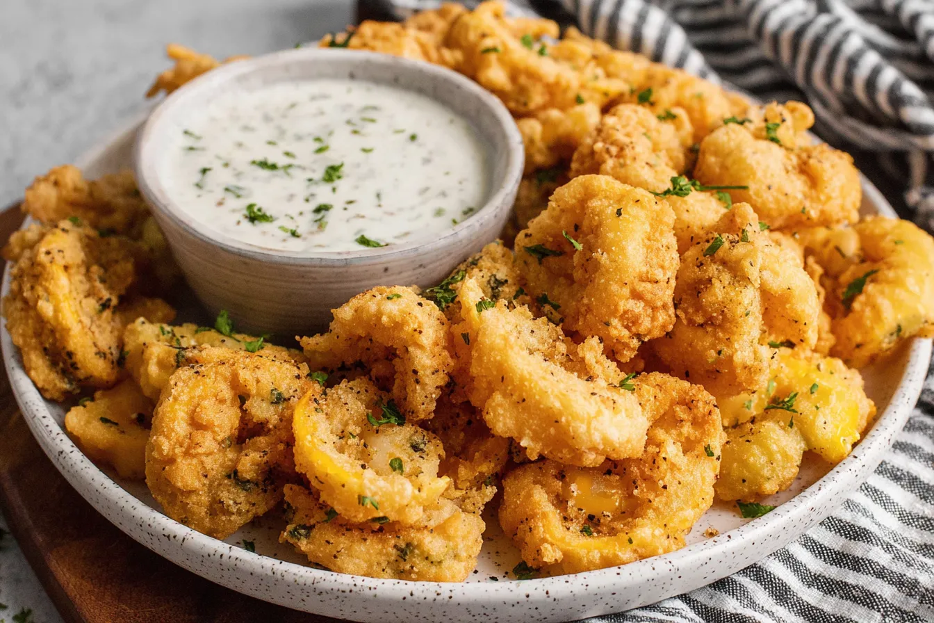 Air Fryer Banana Peppers piled on a plate with creamy dipping sauce