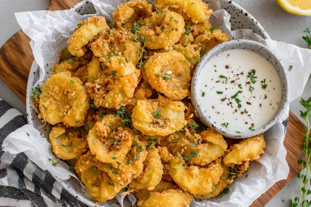 Crispy Air Fryer Banana Peppers served in a bowl with ranch dipping sauce