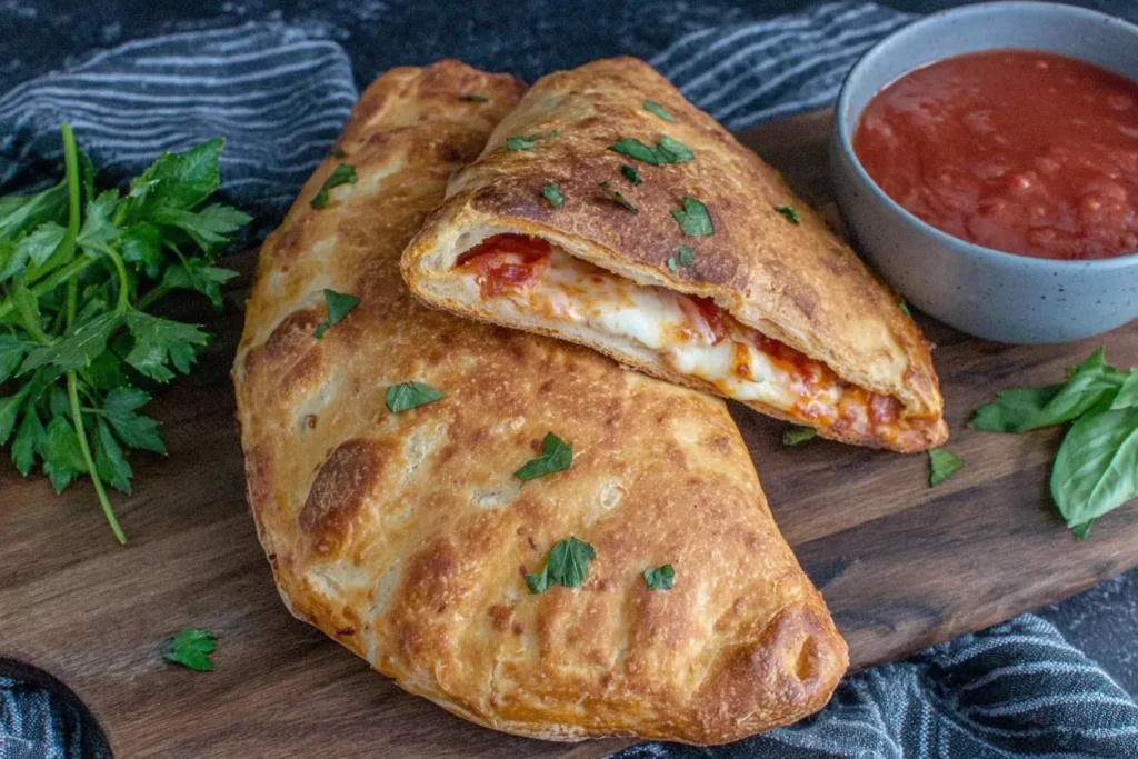 Air Fryer Calzones sliced open showing melted mozzarella and pepperoni
