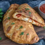 Air Fryer Calzones sliced open showing melted mozzarella and pepperoni