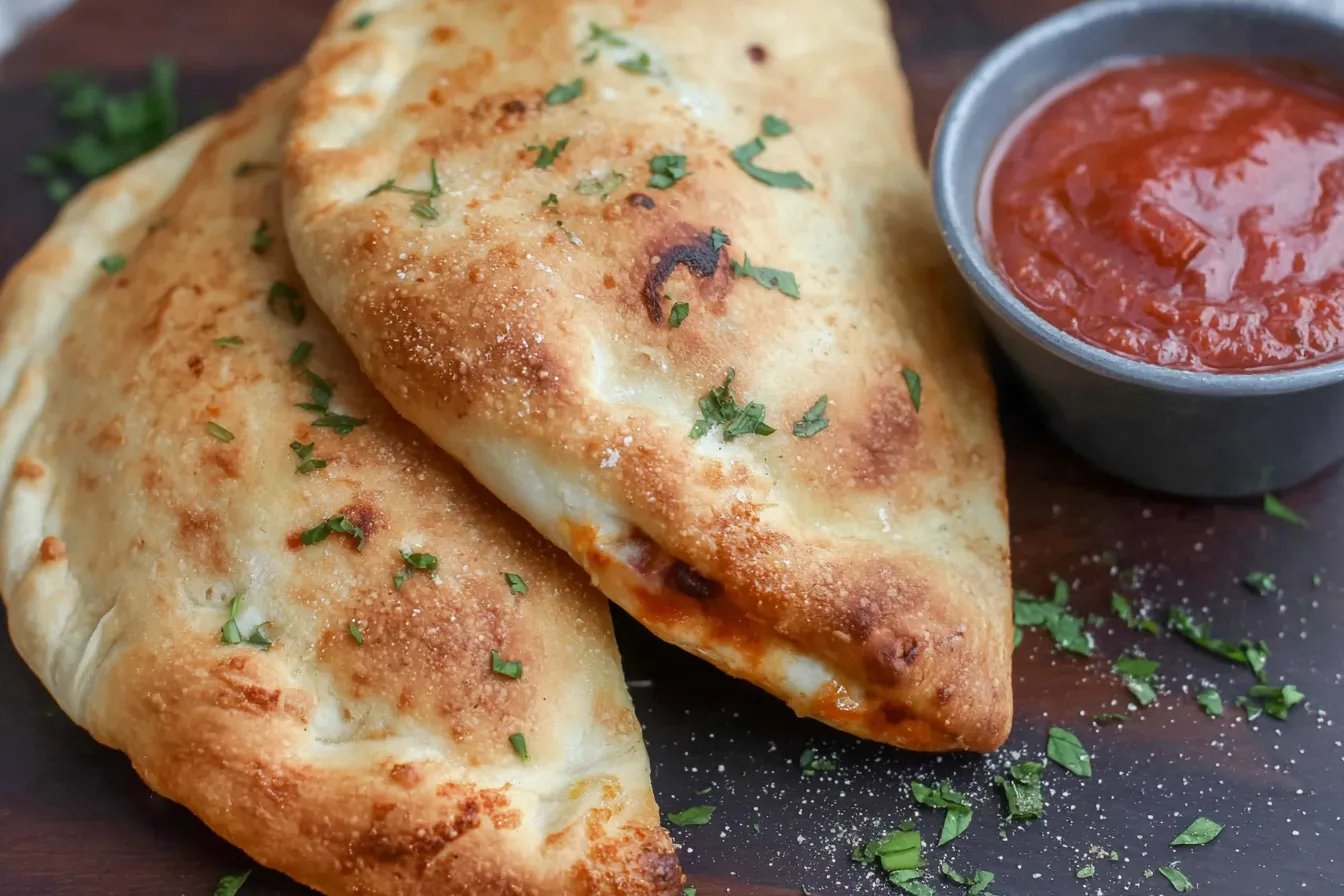 Air Fryer Calzones served with marinara dipping sauce on a wooden board