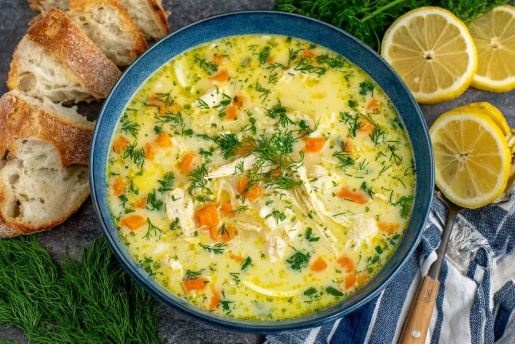 Homemade Avgolemono Soup served with crusty bread, fresh dill, and sliced lemons