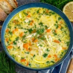 Homemade Avgolemono Soup served with crusty bread, fresh dill, and sliced lemons