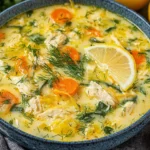 Creamy Avgolemono Soup with shredded chicken, carrots, fresh dill, and lemon slices in a rustic bowl
