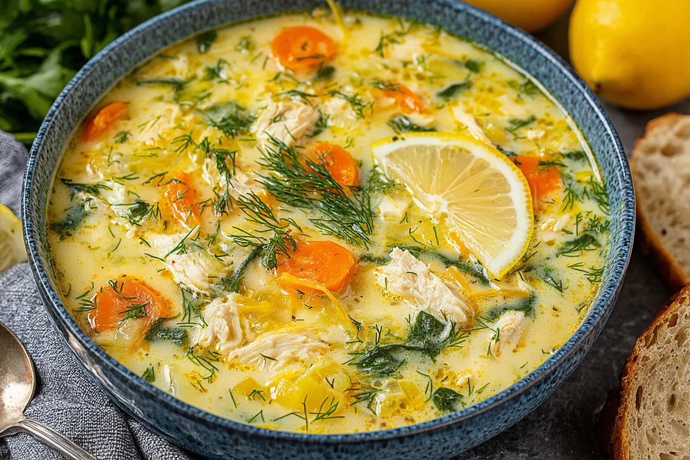 Creamy Avgolemono Soup with shredded chicken, carrots, fresh dill, and lemon slices in a rustic bowl