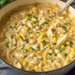 BEST White Chicken Chili recipe cooking in a Dutch oven with creamy broth, shredded chicken, white beans, and corn