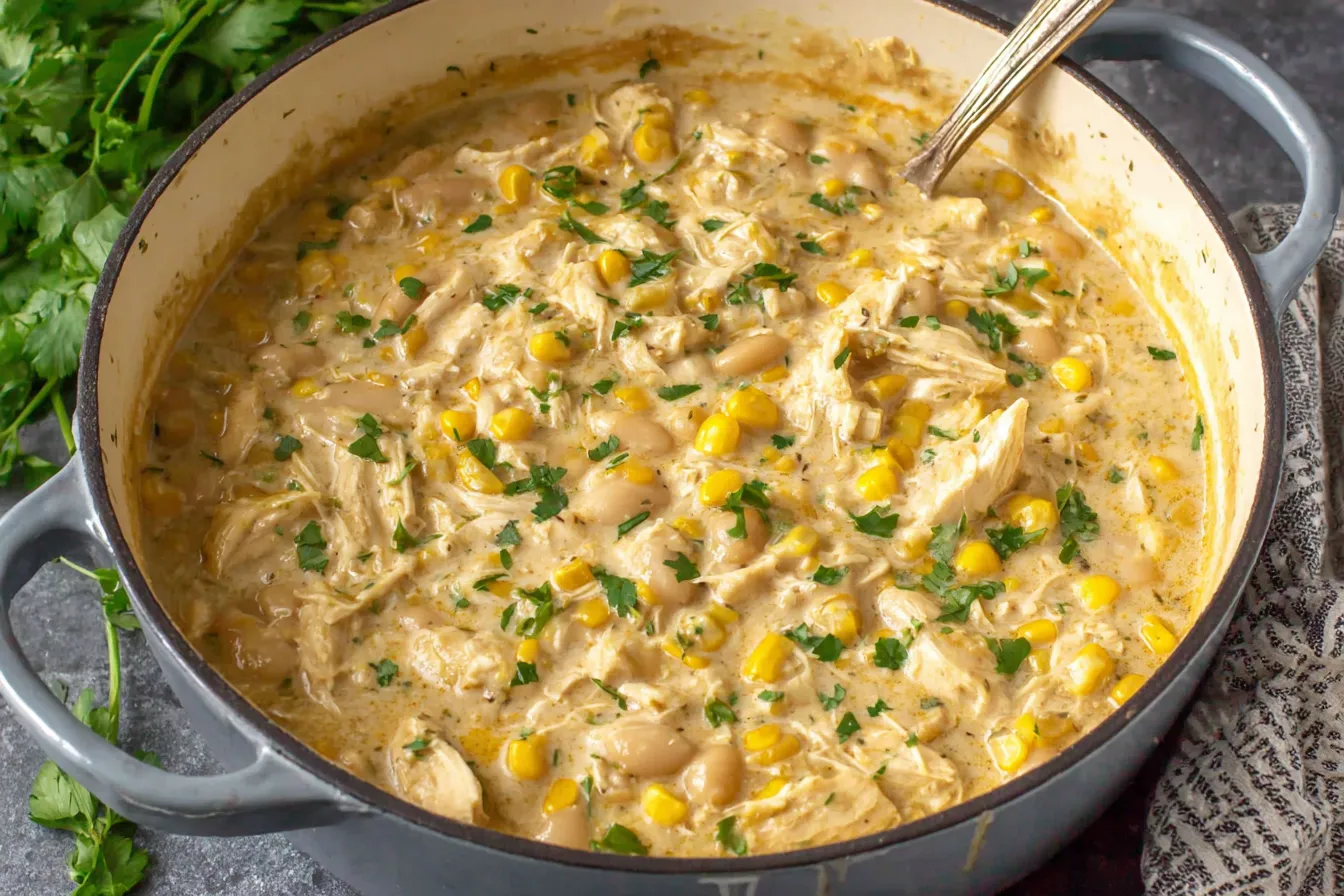 BEST White Chicken Chili recipe cooking in a Dutch oven with creamy broth, shredded chicken, white beans, and corn