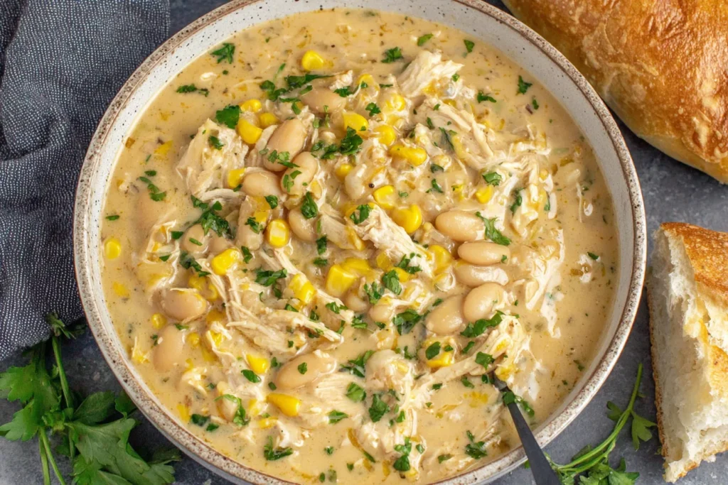 BEST White Chicken Chili recipe with shredded chicken, white beans, and corn served with crusty bread