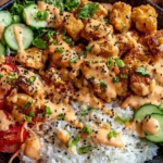 Bang Bang Chicken Bowl topped with crispy chicken bites, sesame seeds, rice, and colorful vegetables