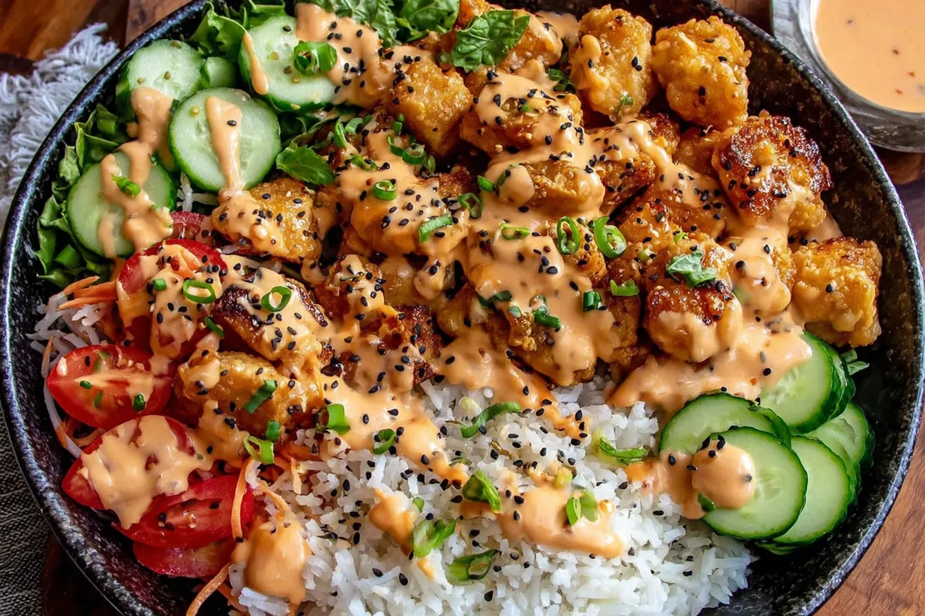 Bang Bang Chicken Bowl topped with crispy chicken bites, sesame seeds, rice, and colorful vegetables