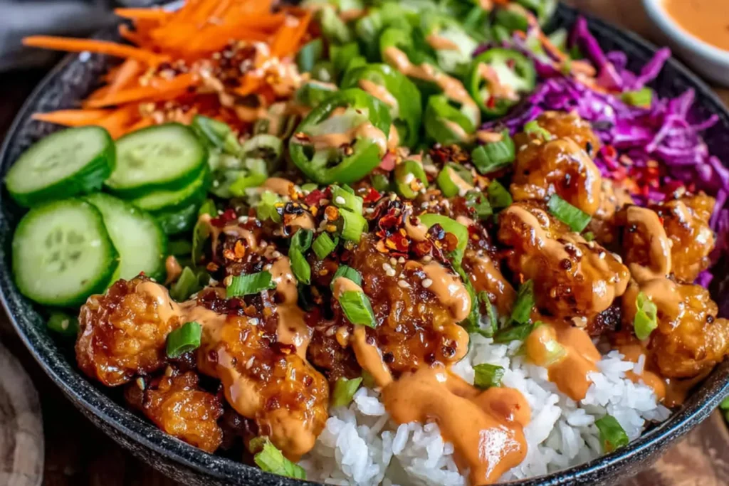 Bang Bang Chicken Bowl with crispy chicken, jasmine rice, fresh vegetables, and creamy spicy sauce
