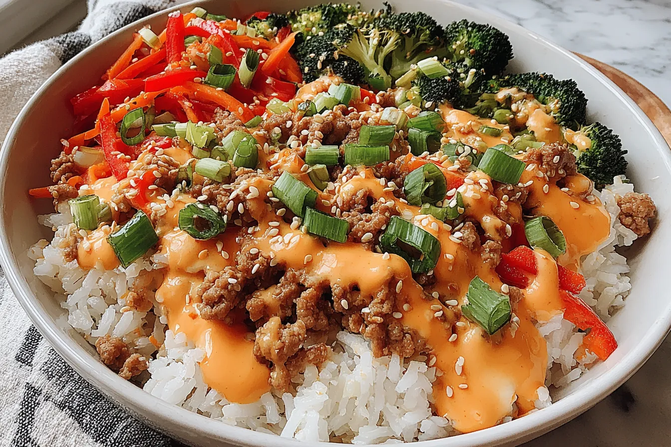 Bang Bang Ground Turkey Rice Bowls topped with ground turkey, vegetables, sesame seeds, and spicy creamy sauce