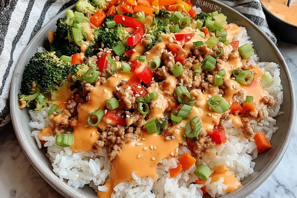 Bang Bang Ground Turkey Rice Bowls with jasmine rice, broccoli, bell peppers, and creamy bang bang sauce