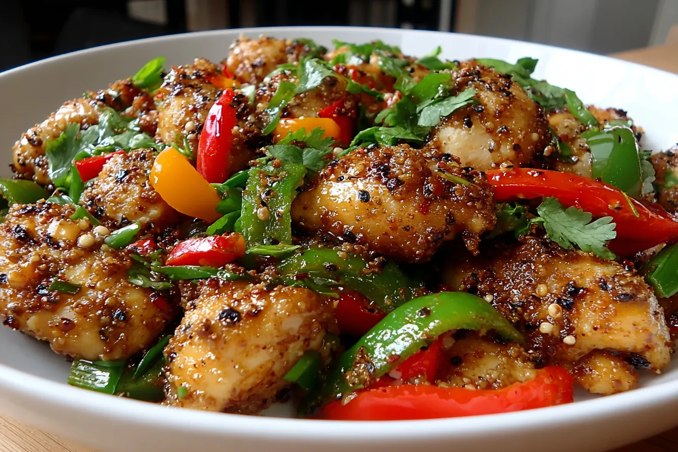 Black Pepper Chicken with peppers in a savory pepper sauce