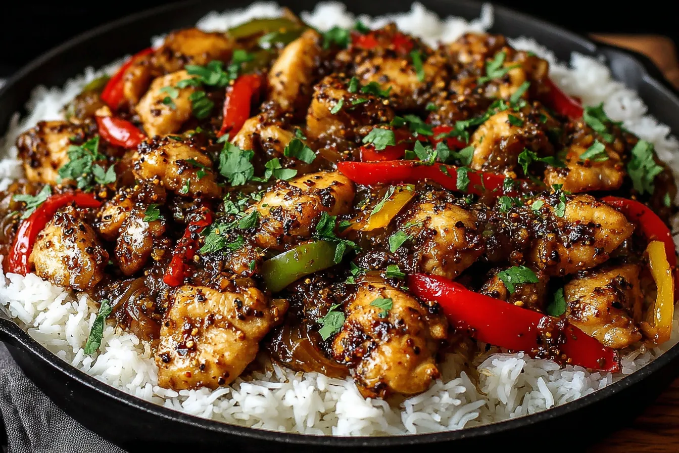 Black Pepper Chicken stir fry with bell peppers served over white rice