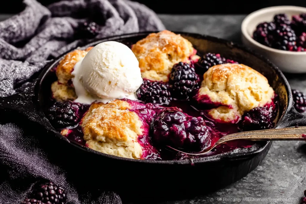 Blackberry Dumplings bubbling in a skillet with golden dumplings and juicy blackberries