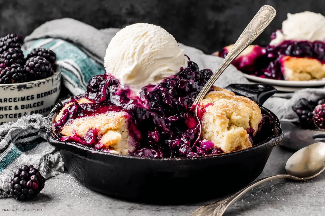 Blackberry Dumplings served warm in a cast iron skillet with vanilla ice cream and sweet blackberry sauce