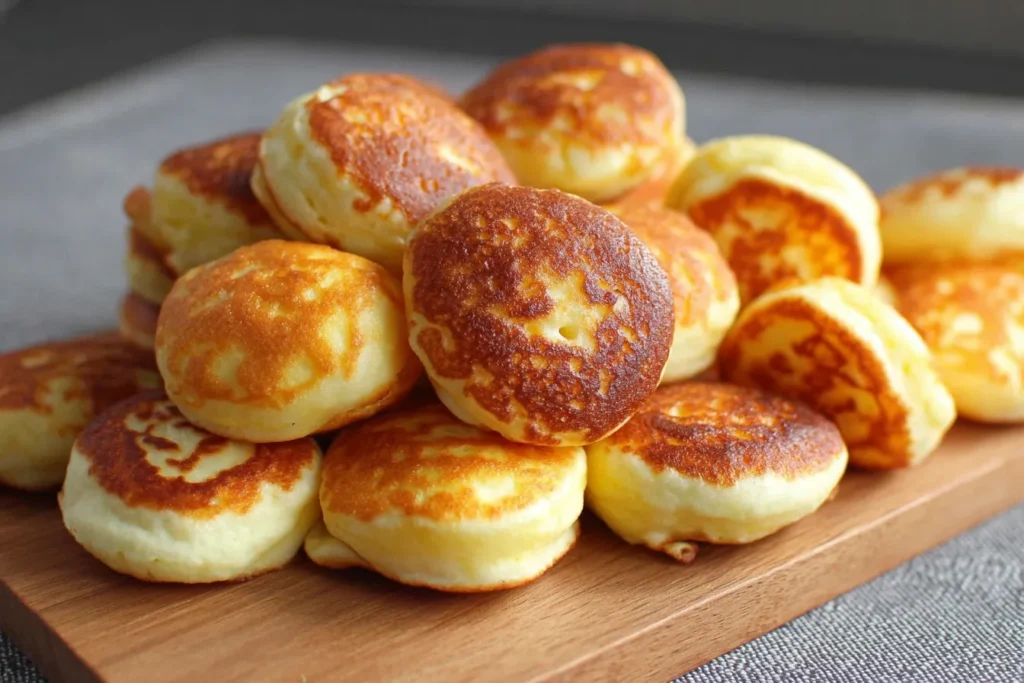 Homemade Breakfast Pancake Poppers stacked on a wooden board