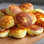 Homemade Breakfast Pancake Poppers stacked on a wooden board