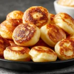 Golden Breakfast Pancake Poppers stacked on a plate with syrup nearby