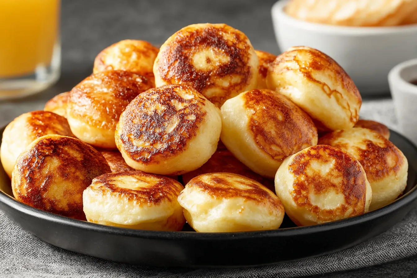 Golden Breakfast Pancake Poppers stacked on a plate with syrup nearby