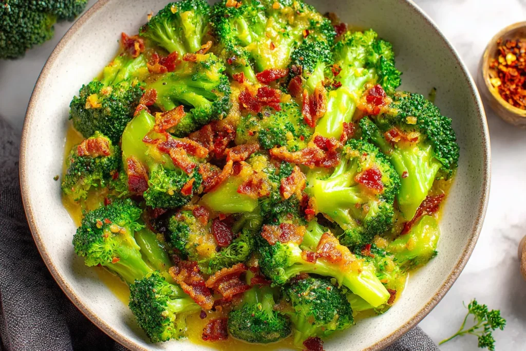 Broccoli with Garlic Sauce in a bowl topped with golden bacon pieces