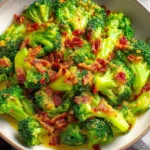 Broccoli with Garlic Sauce in a bowl topped with golden bacon pieces