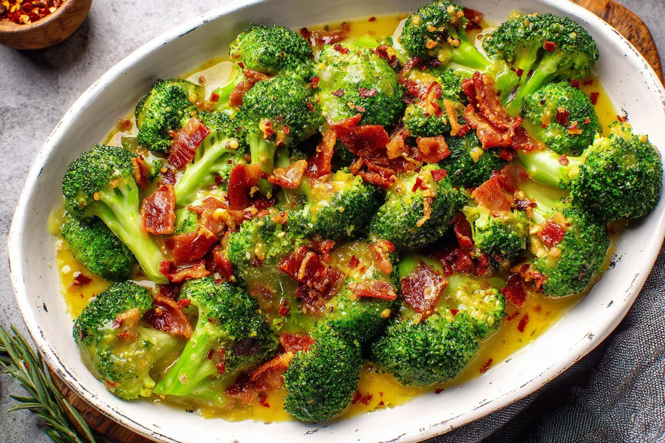 Broccoli with Garlic Sauce served with crispy bacon in a creamy garlic glaze
