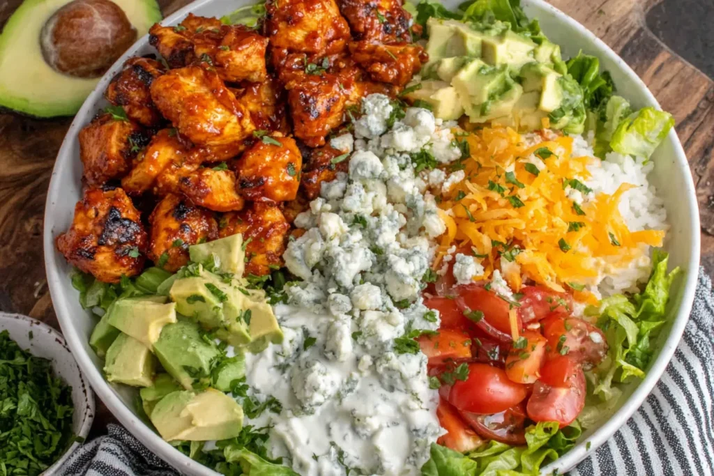 Buffalo Chicken Bowls with spicy chicken, rice, avocado, tomatoes, and creamy dressing