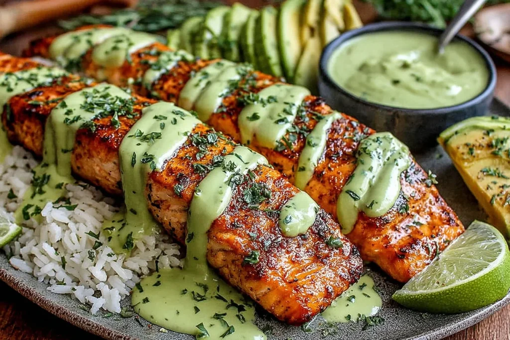 Cajun Salmon Avocado Lime served over rice with avocado slices and lime wedges