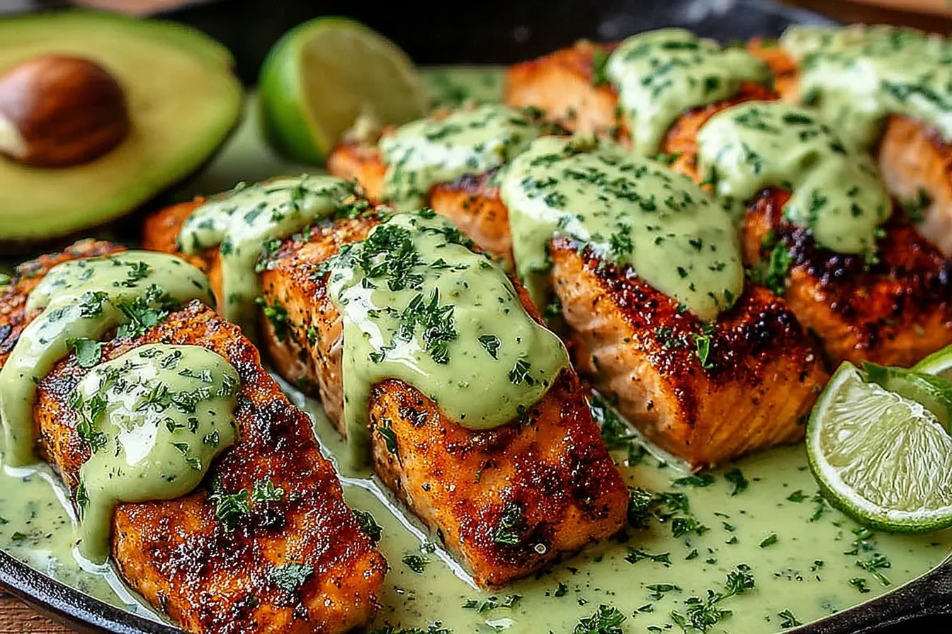 Cajun Salmon Avocado Lime topped with creamy avocado lime sauce and fresh herbs