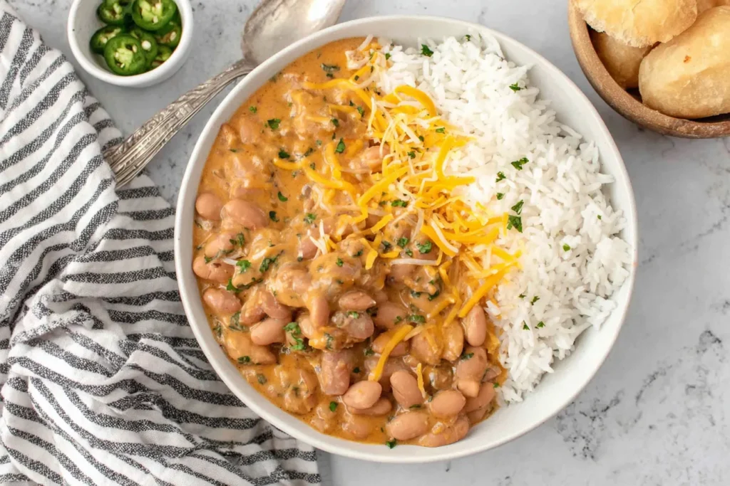 Cheesy Pinto Beans topped with shredded cheese served alongside white rice