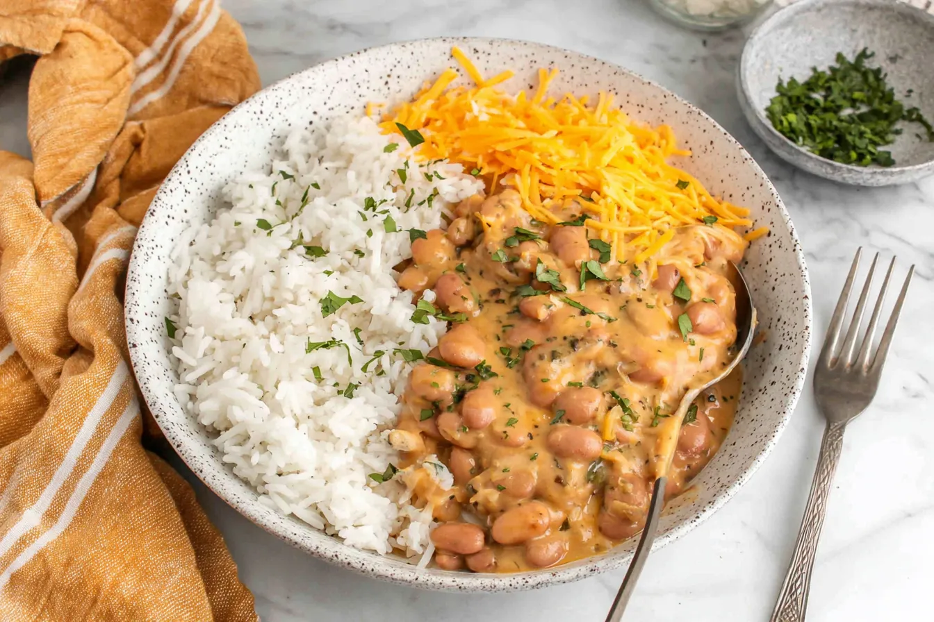 Cheesy Pinto Beans served over fluffy white rice with melted cheddar cheese