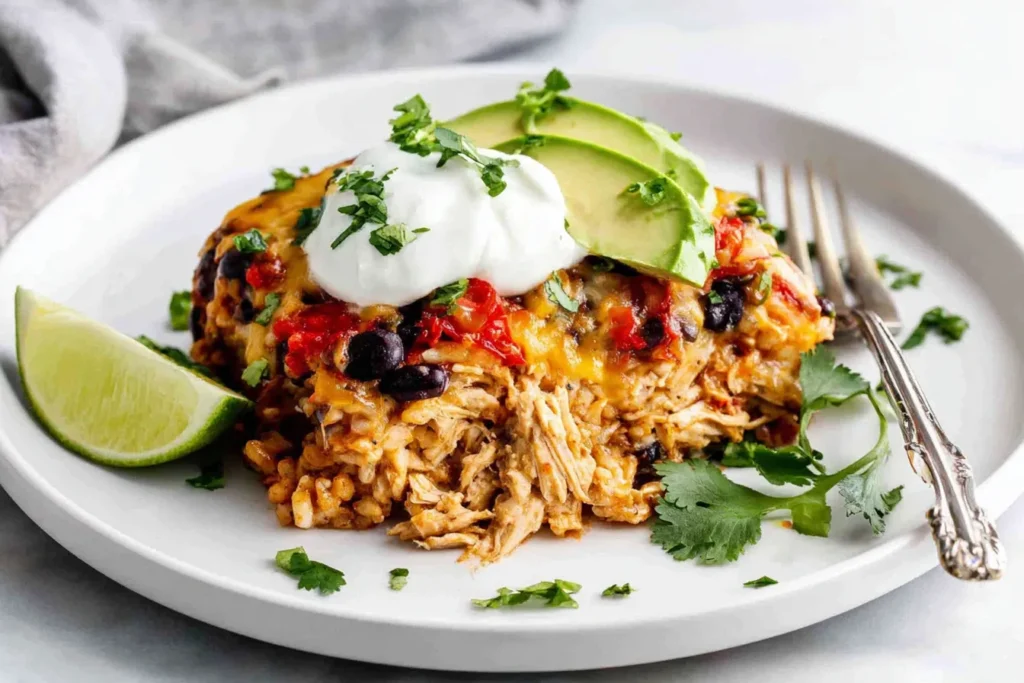Chicken Burrito Casserole slice served with sour cream, avocado, and cilantro on a white plate