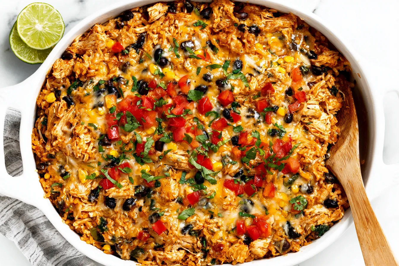 Chicken Burrito Casserole baked with shredded chicken, black beans, corn, and melted cheese in a white casserole dish