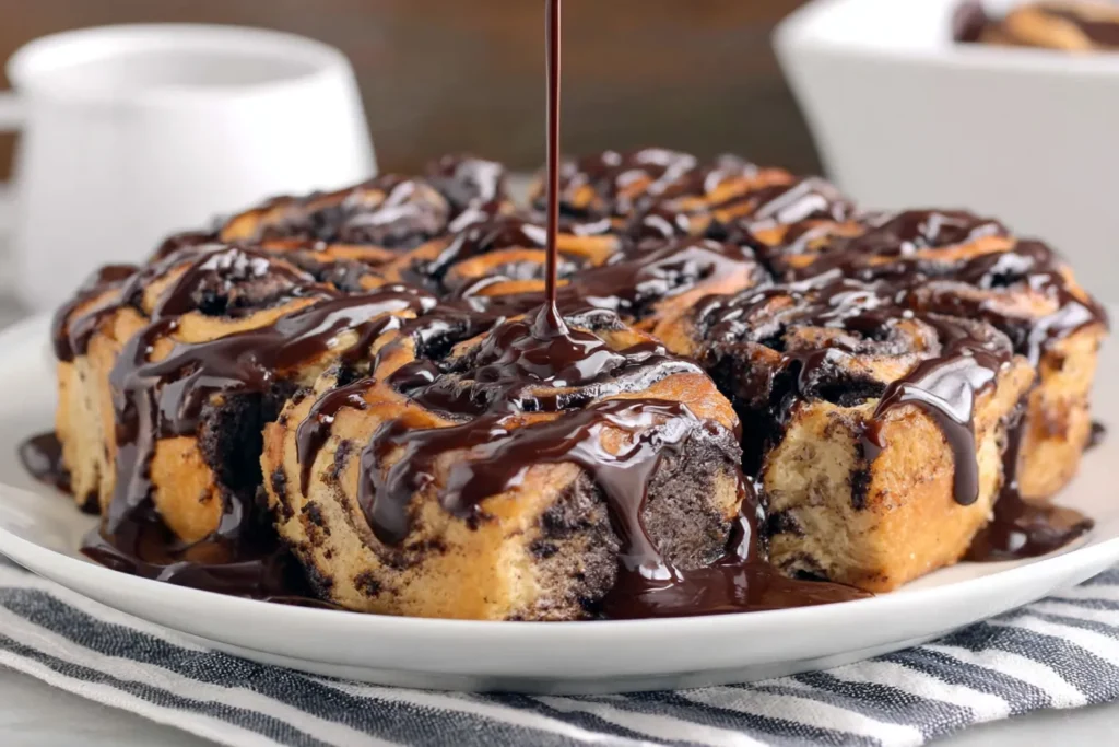 Chocolate Cinnamon Rolls drizzled with rich chocolate glaze on a white plate