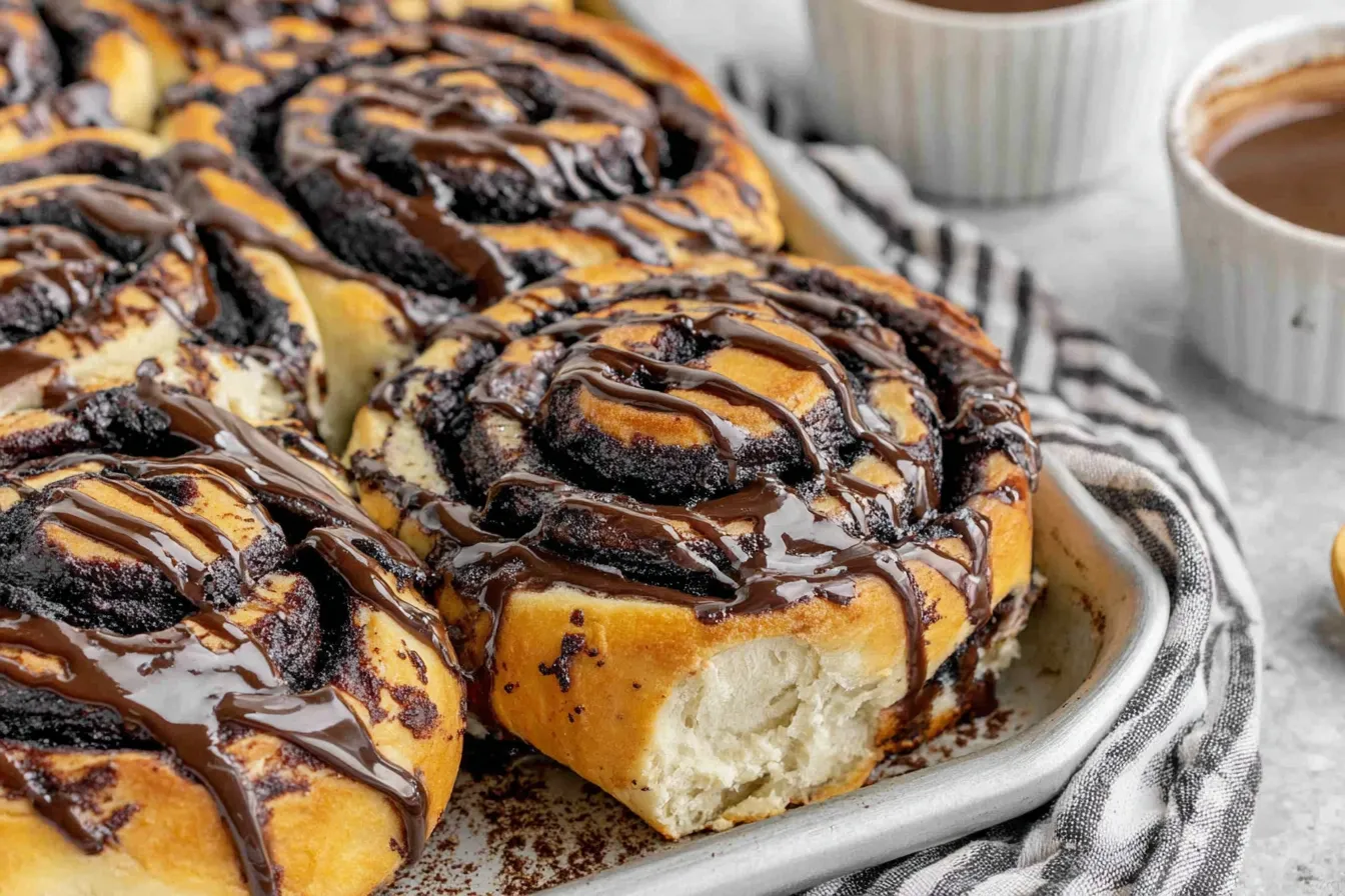 Chocolate Cinnamon Rolls with dark chocolate swirls and gooey centers