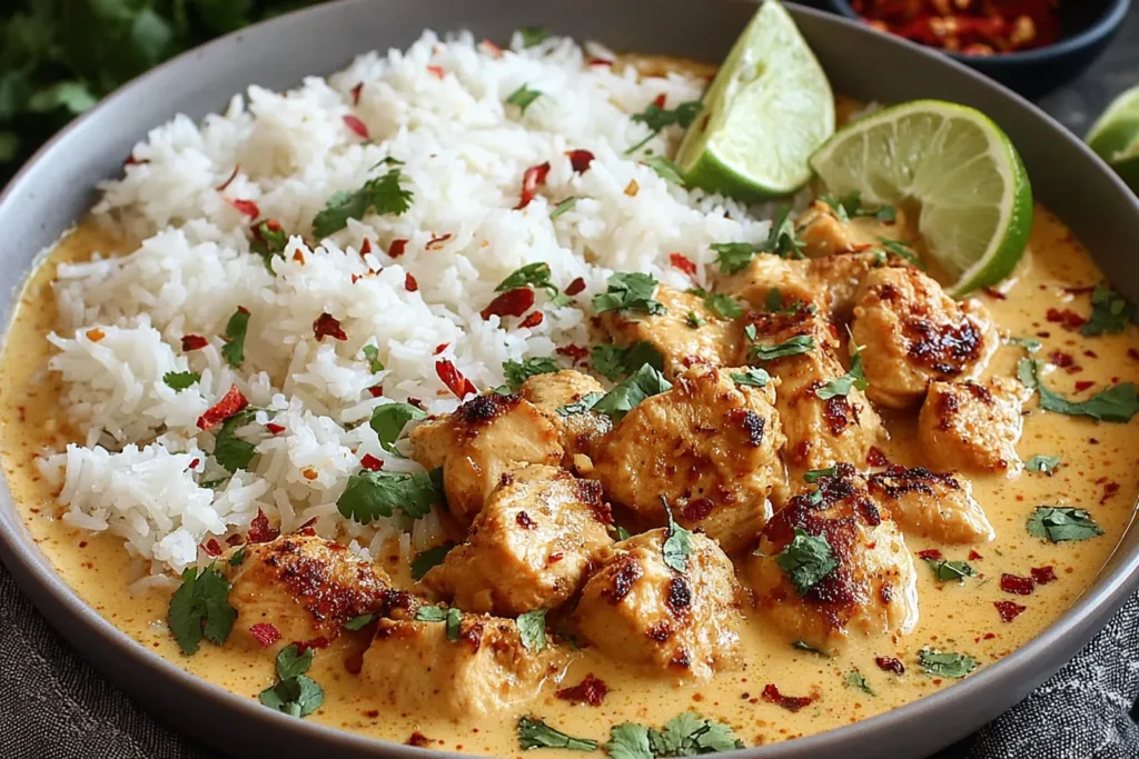 Coconut Chicken Brothy Rice in a shallow bowl with spiced chicken, coconut curry broth, jasmine rice, cilantro, and lime