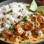 Coconut Chicken Brothy Rice in a shallow bowl with spiced chicken, coconut curry broth, jasmine rice, cilantro, and lime