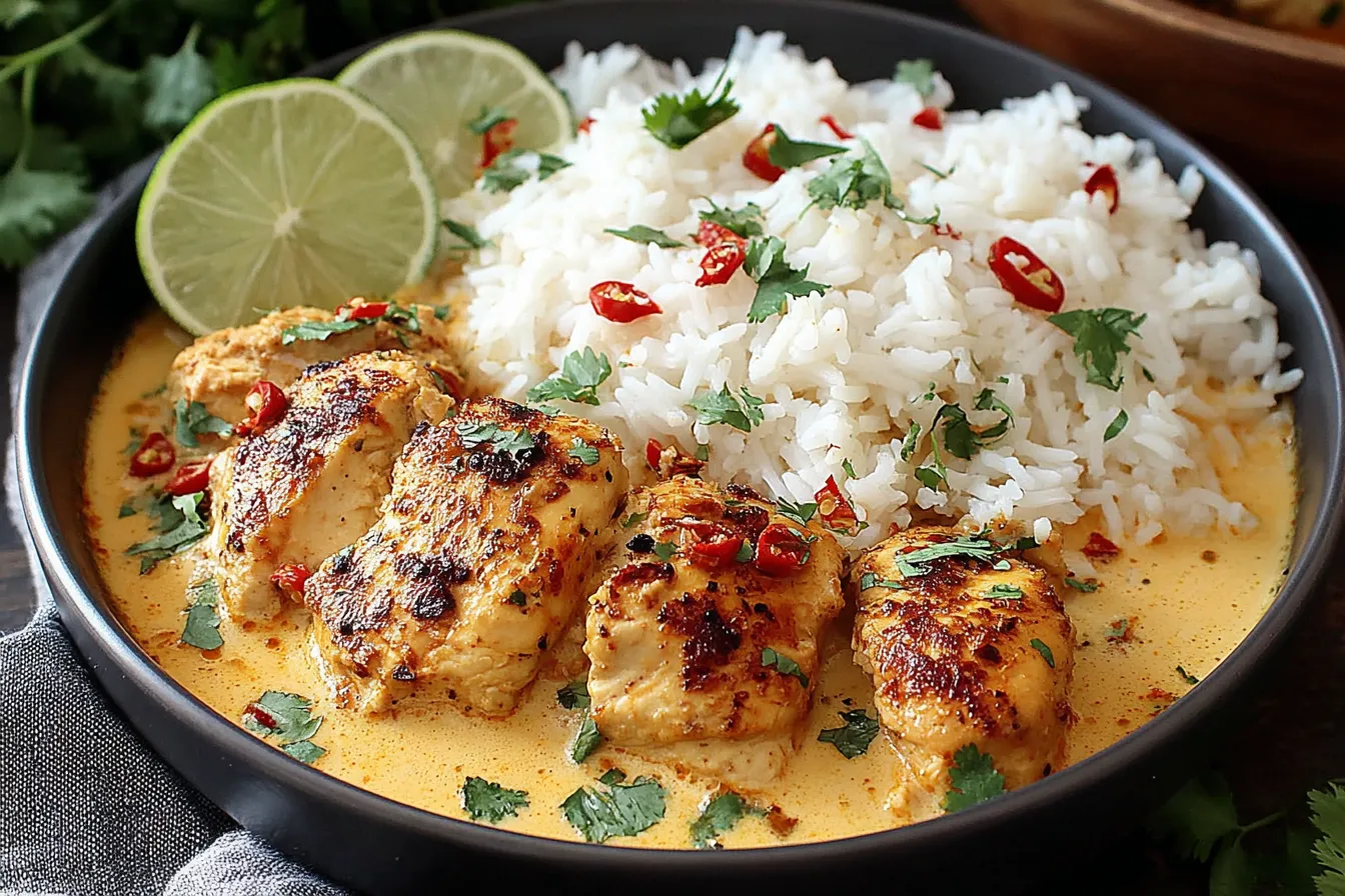 Coconut Chicken Brothy Rice served with tender chicken, creamy coconut broth, fluffy white rice, fresh cilantro, and lime wedges