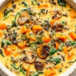 Cozy Autumn Wild Rice Soup close-up with mushrooms, kale, and wild rice in creamy broth