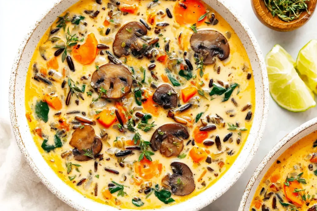 Cozy Autumn Wild Rice Soup with mushrooms, sweet potatoes, and wild rice in a creamy broth