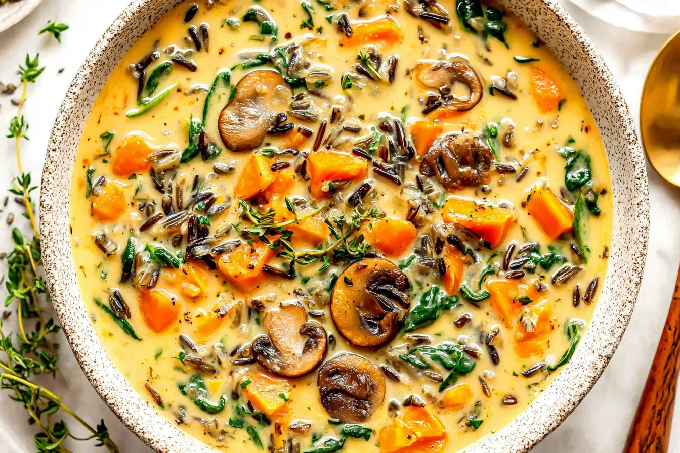 Cozy Autumn Wild Rice Soup close-up with mushrooms, kale, and wild rice in creamy broth