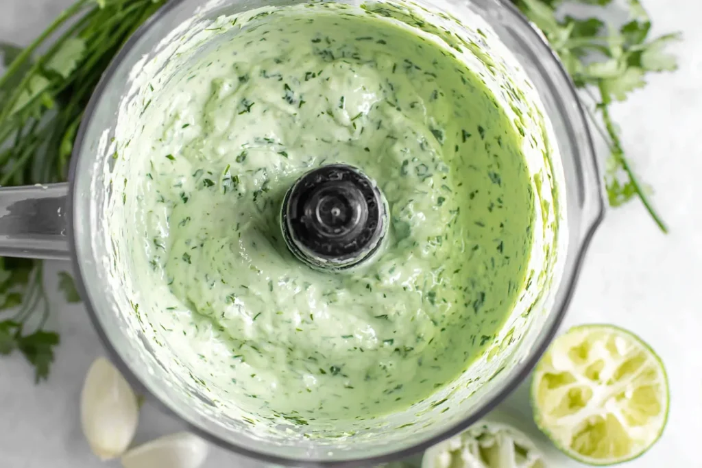 Creamy Garlic Lime Cilantro Sauce blended smooth in a food processor