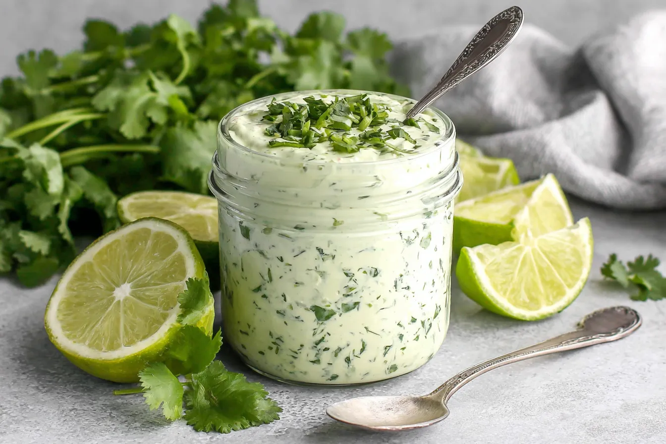 Creamy Garlic Lime Cilantro Sauce in a glass jar with fresh cilantro and lime