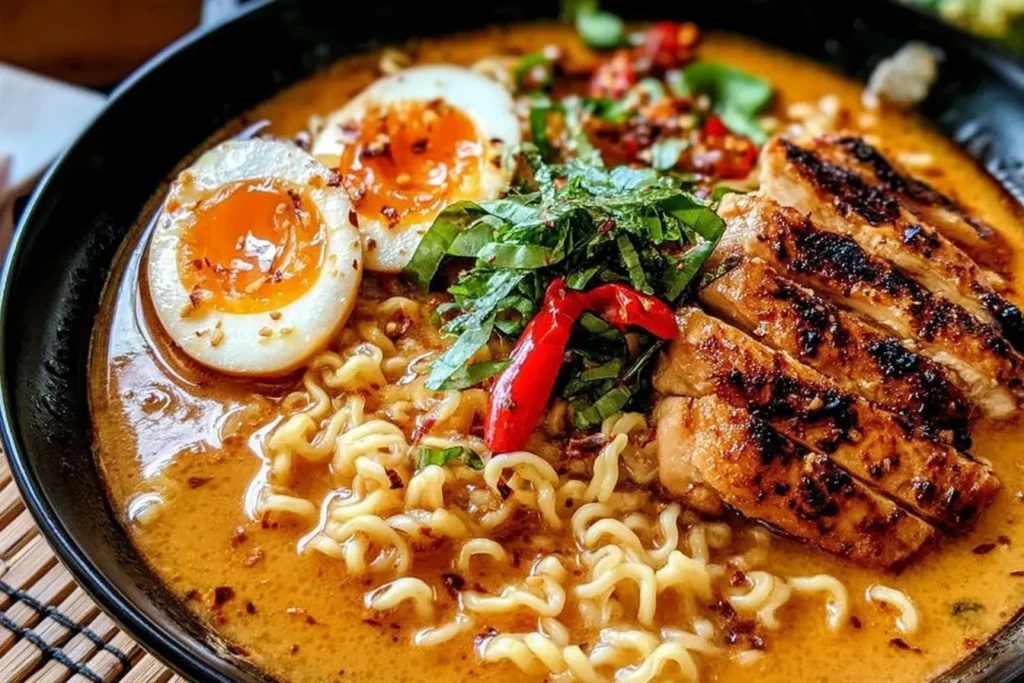 Creamy Garlic Chicken Ramen topped with spicy peppers, fresh herbs, and soft noodles
