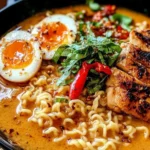 Creamy Garlic Chicken Ramen topped with spicy peppers, fresh herbs, and soft noodles