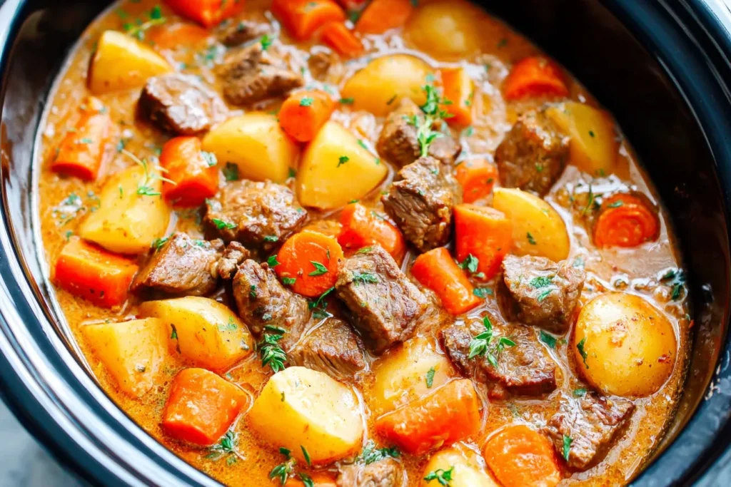 Crock Pot Beef Stew Recipe with tender beef chunks, potatoes, and carrots simmering in a rich, savory broth