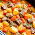 Crock Pot Beef Stew Recipe with tender beef chunks, potatoes, and carrots simmering in a rich, savory broth